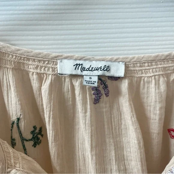 SALE! Madewell Botanical Embroidered Gauzy Cotton Tie-Neck Peasant Top Small - Picture 9 of 11
